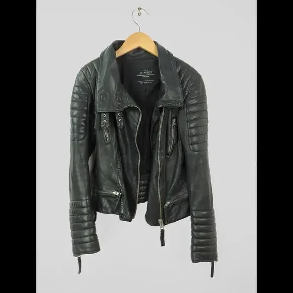 ALLSAINTS Women's Sz 4 S STEINE Black Leather Motorcycle Rider Zip Jacket